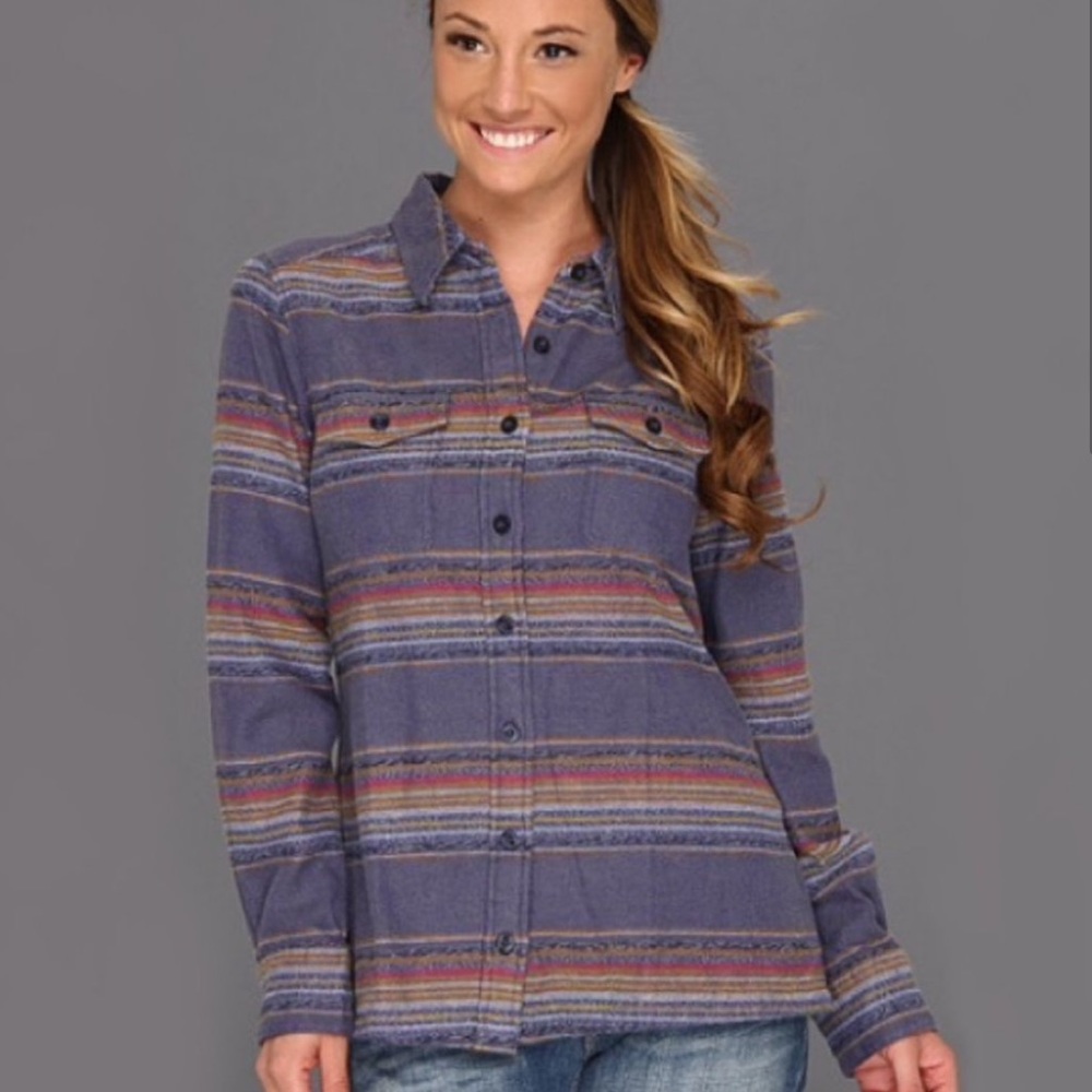 🚫 SOLD Patagonia® Worn Wear Fjord Flannel Shirt Gaucho Stripe Blue Butterfly 2 - Picture 2 of 11